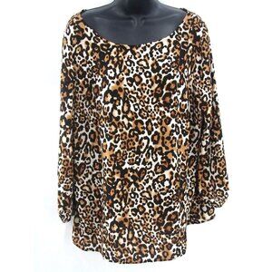 Talbots Women's Animal Print Balloon‎ Sleeve Blouse Sz XL Brown Cream Black